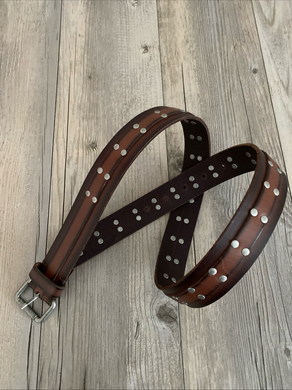 Lucky Brand Men's Studded Leather Belt Brown Retro Streetwear 34